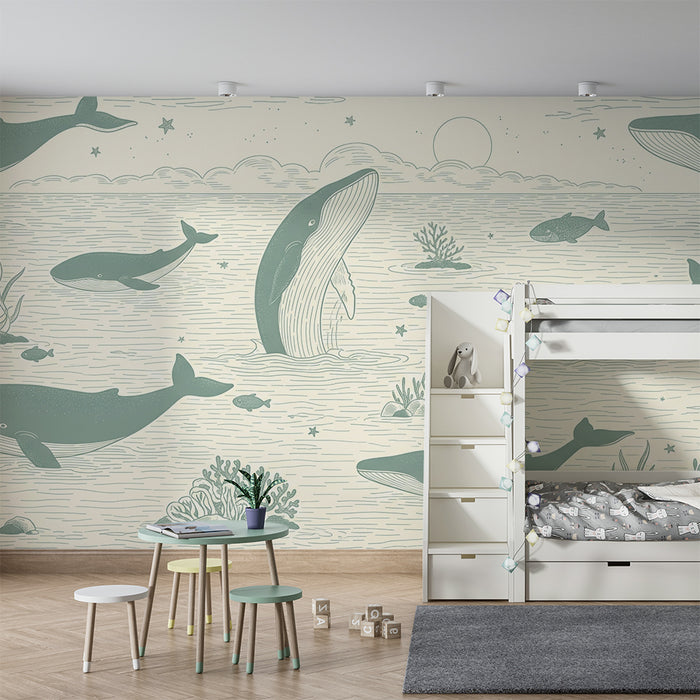 Papier peint chambre enfant | Baleines majestueuses et océan paisible