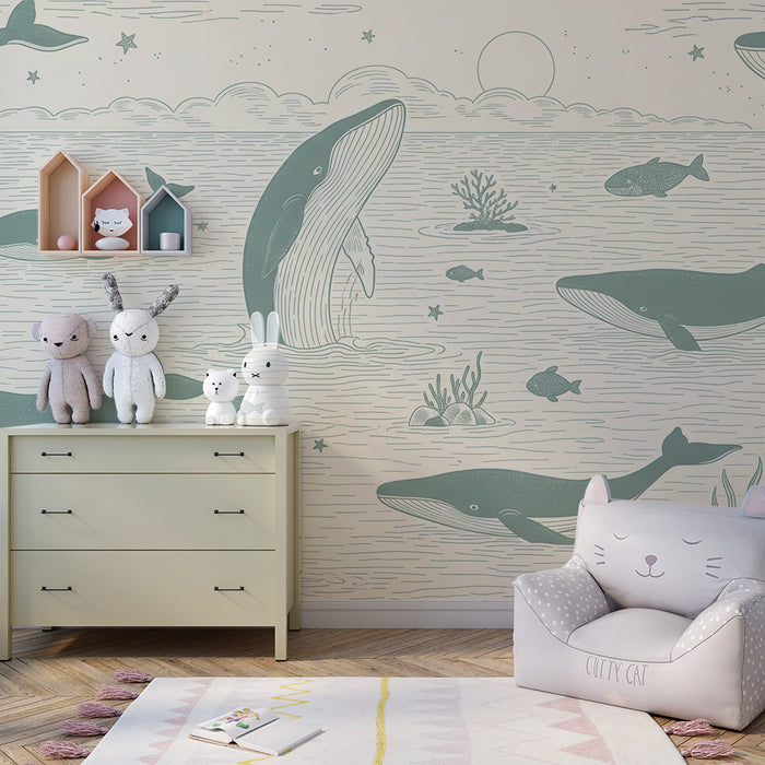Papier peint chambre enfant | Baleines majestueuses et océan paisible