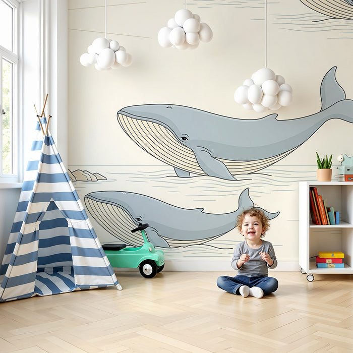 Papier peint chambre enfant | Baleines majestueuses et phare marin
