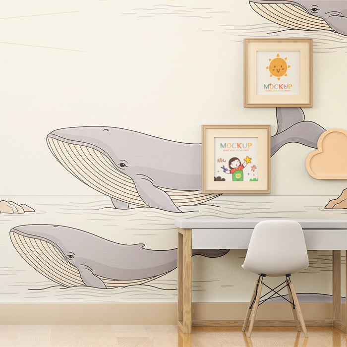 Papier peint chambre enfant | Baleines majestueuses et phare marin