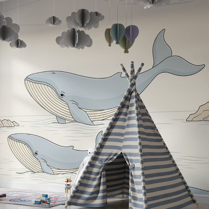 Papier peint chambre enfant | Baleines majestueuses et phare marin