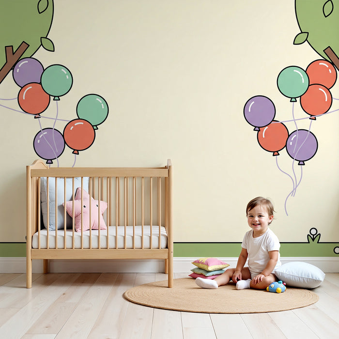 Behang kinderkamer | Kleurrijke ballonnen zwevend tussen de bomen