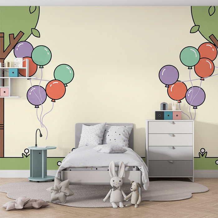 Behang kinderkamer | Kleurrijke ballonnen zwevend tussen de bomen
