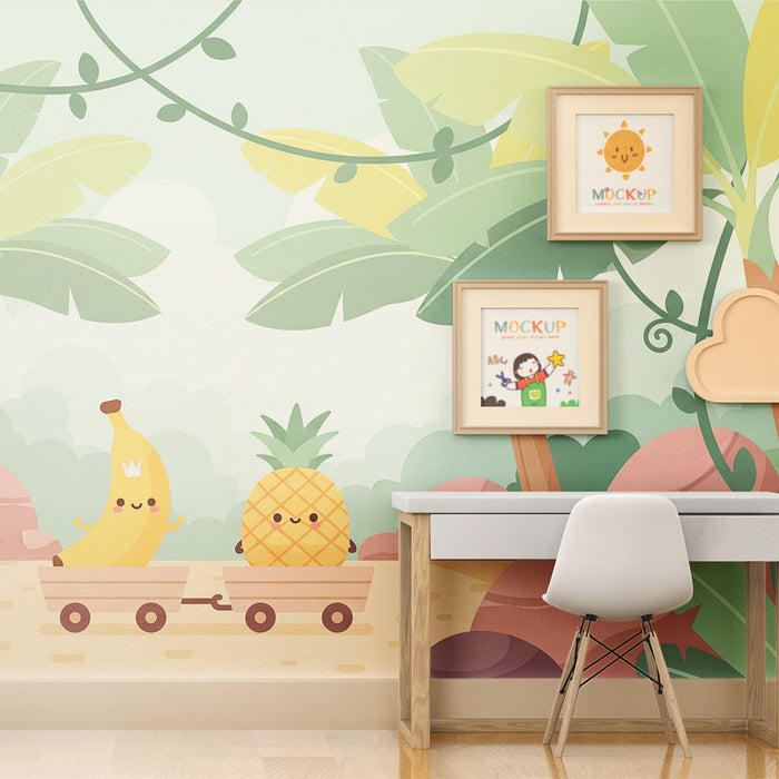 Carta da parati per cameretta | Banane e ananas allegri in una giungla colorata