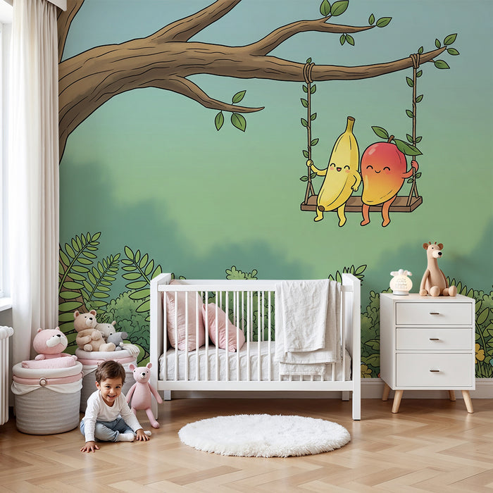 Papel de parede para quarto de criança | Bananas e pêssegos a balançar alegremente num jardim colorido