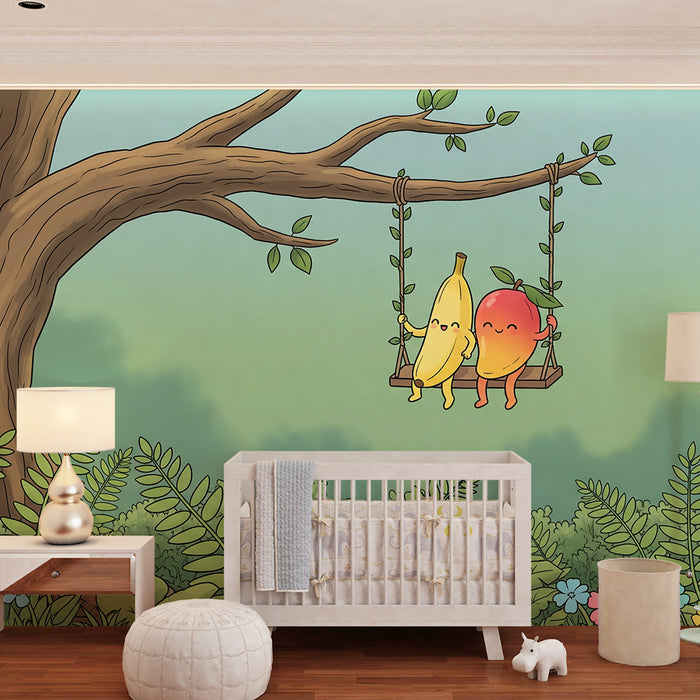 Papel de parede para quarto de criança | Bananas e pêssegos a balançar alegremente num jardim colorido