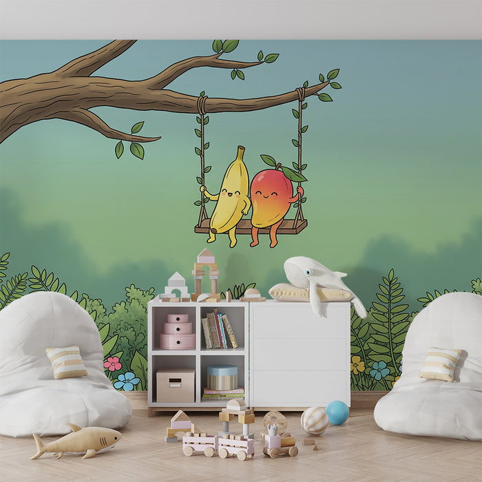 Papel de parede para quarto de criança | Bananas e pêssegos a balançar alegremente num jardim colorido