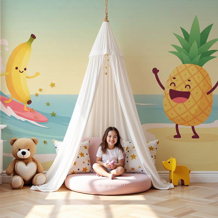 Papel pintado infantil | Plátano surfero y piña feliz en la playa