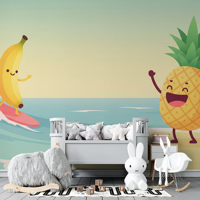 Papel pintado infantil | Plátano surfero y piña feliz en la playa