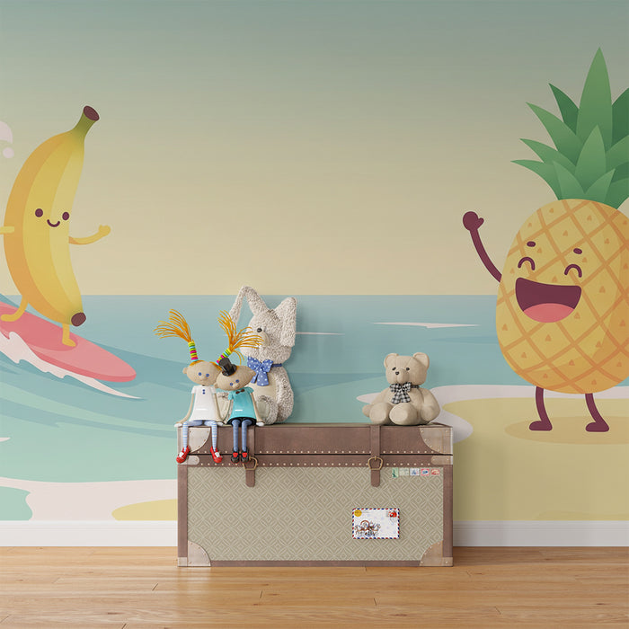 Papel pintado infantil | Plátano surfero y piña feliz en la playa