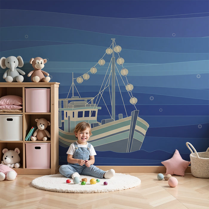 Carta da parati bambini | Barca da pesca su sfondo marino blu