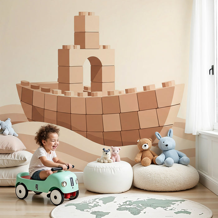 Papier peint chambre enfant | Bateau en blocs de construction sur des vagues douces