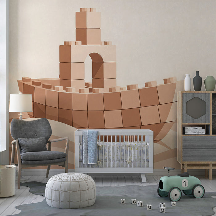 Papier peint chambre enfant | Bateau en blocs de construction sur des vagues douces