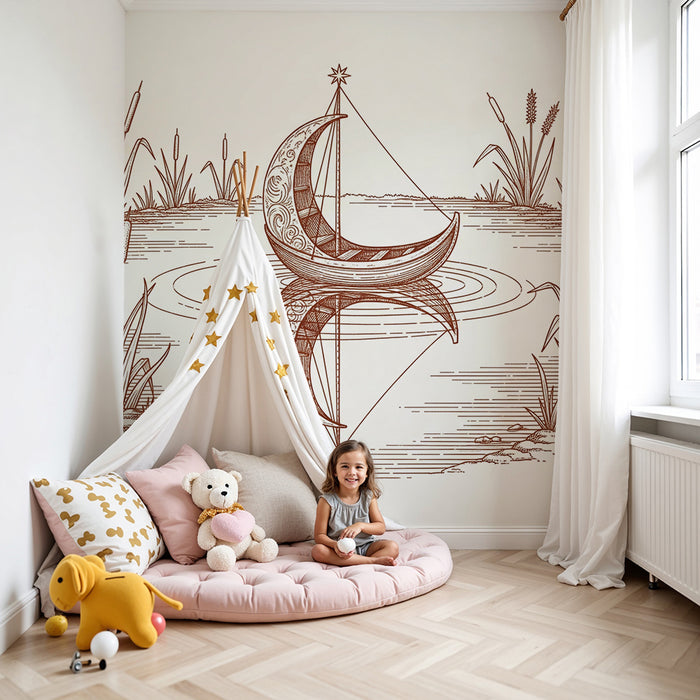 **Tapete Kinderzimmer | Friedliches Mondboot auf einem ruhigen See**
