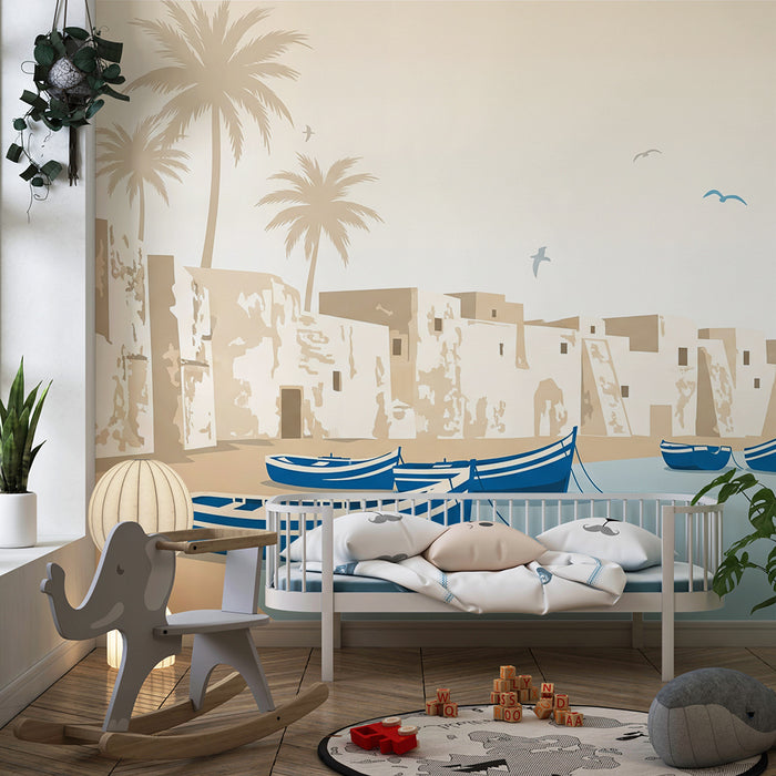 Papier peint chambre enfant | Bateaux bleus et paysage côtier apaisant