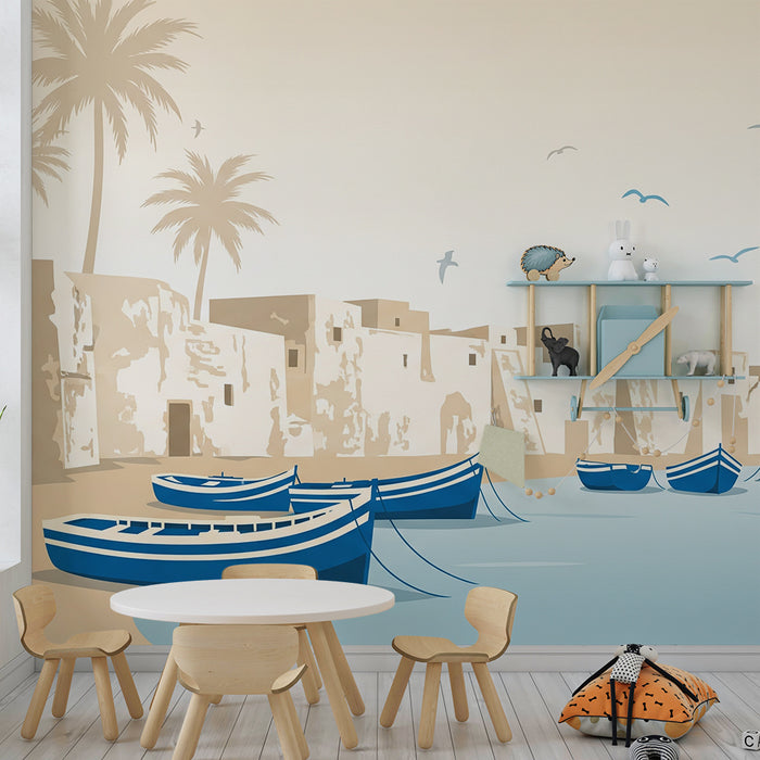 Papier peint chambre enfant | Bateaux bleus et paysage côtier apaisant
