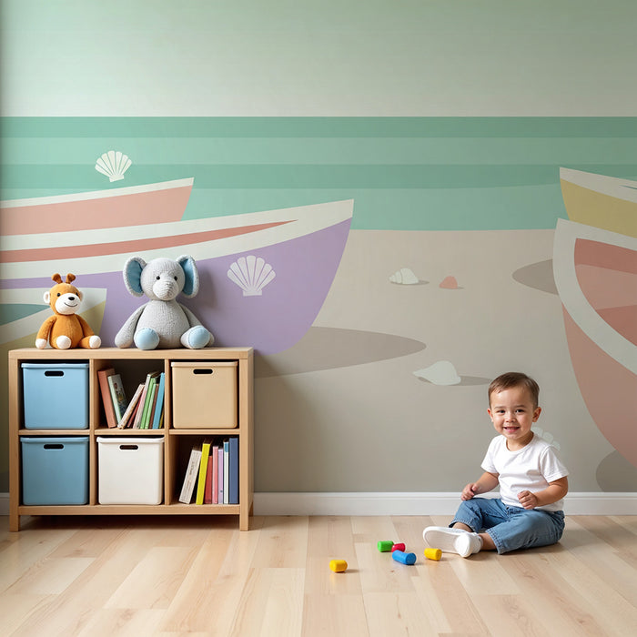 Kinderzimmer Tapete | Bunte Boote und Muscheln am Strand