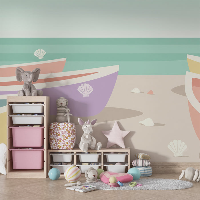 Kinderzimmer Tapete | Bunte Boote und Muscheln am Strand