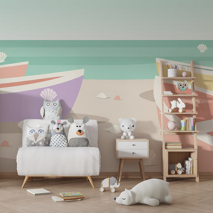 Kinderzimmer Tapete | Bunte Boote und Muscheln am Strand