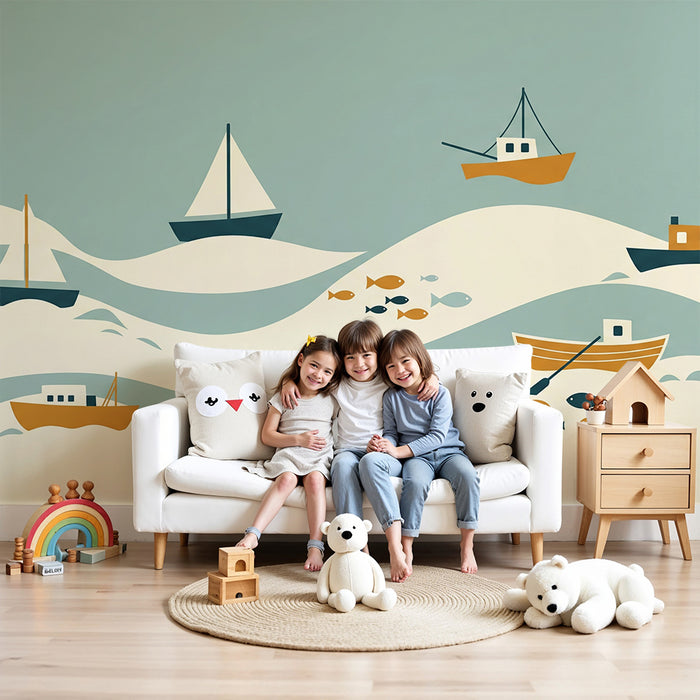 Carta da parati per camera bambini | Barche colorate che navigano su onde morbide