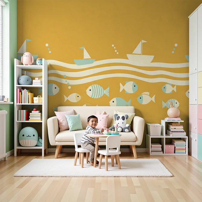 Children's bedroom wallpaper | Colorful boats and fish on a yellow background