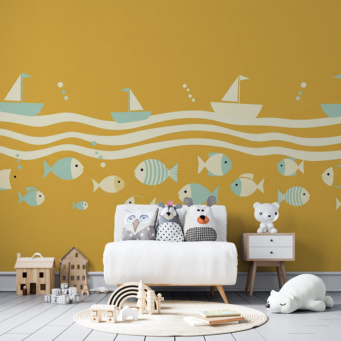 Children's bedroom wallpaper | Colorful boats and fish on a yellow background