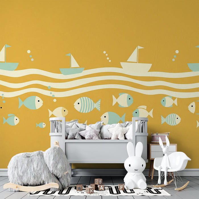Children's bedroom wallpaper | Colorful boats and fish on a yellow background