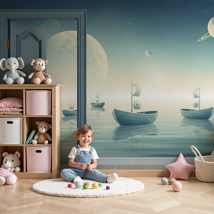 Papier peint chambre enfant | Bateaux flottants sous un ciel étoilé et planètes