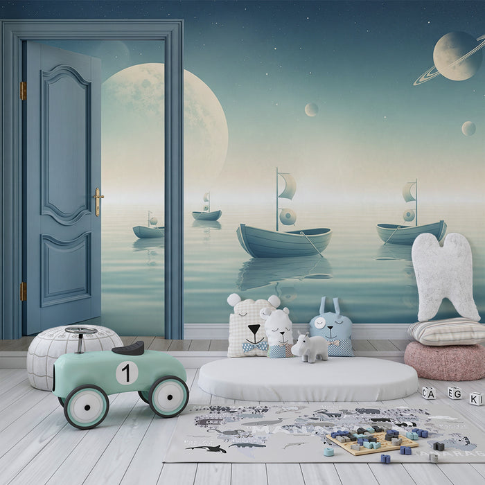 Papier peint chambre enfant | Bateaux flottants sous un ciel étoilé et planètes