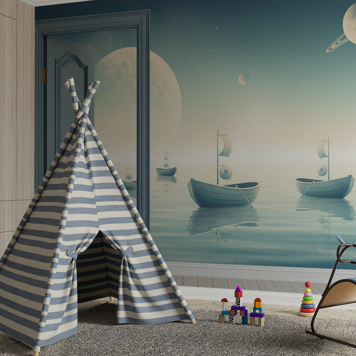 Papier peint chambre enfant | Bateaux flottants sous un ciel étoilé et planètes