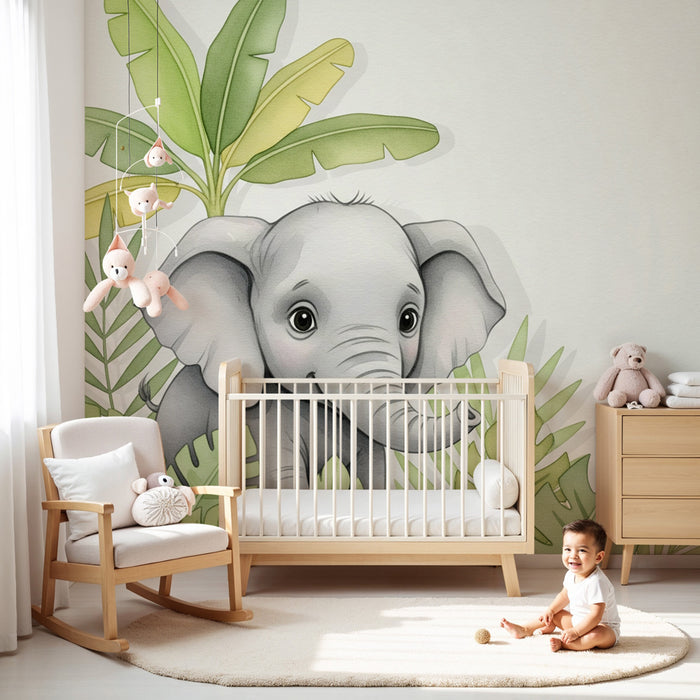 Kinderkamer behang | Baby olifant en tropisch bladgroen
