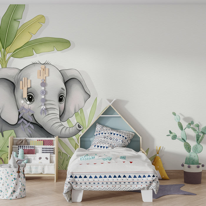 Kinderkamer behang | Baby olifant en tropisch bladgroen