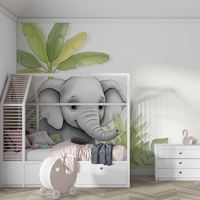 Kinderkamer behang | Baby olifant en tropisch bladgroen