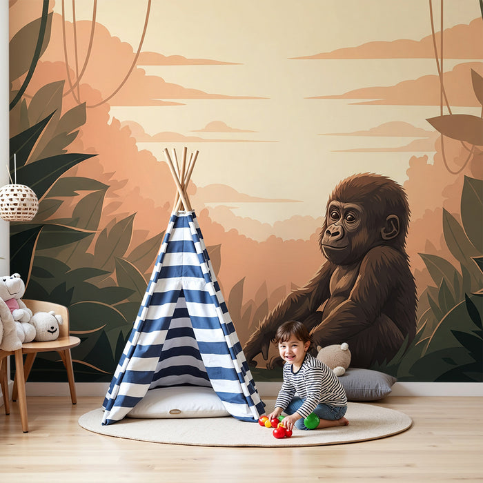 Papier peint chambre enfant | Bébé gorille dans une jungle apaisante