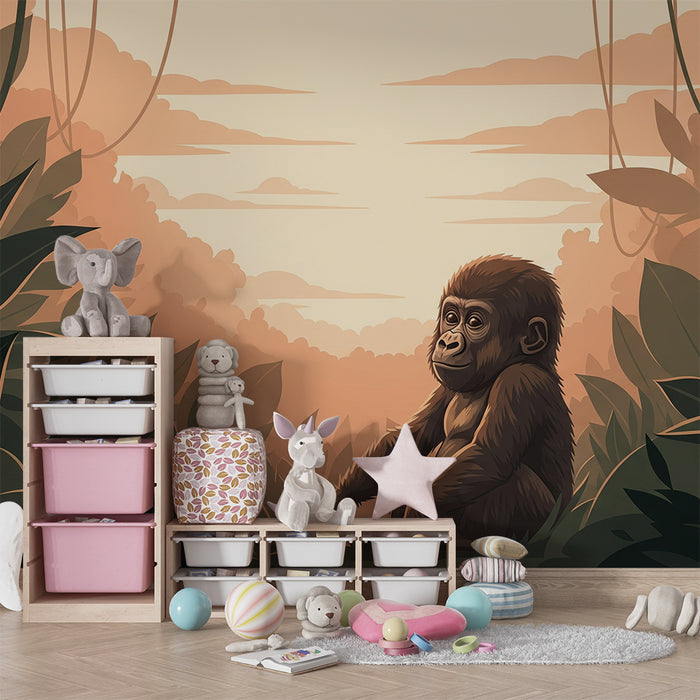 Papier peint chambre enfant | Bébé gorille dans une jungle apaisante