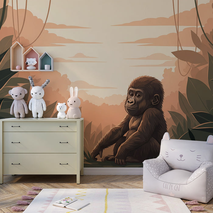 Papier peint chambre enfant | Bébé gorille dans une jungle apaisante