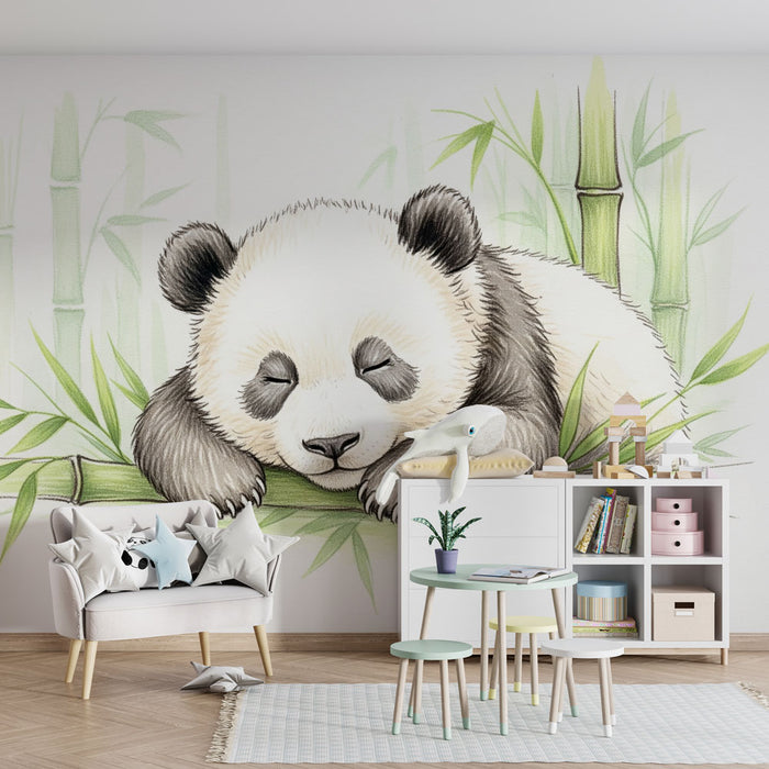 Kinderkamer behang | Slapende baby panda tussen de bamboe
