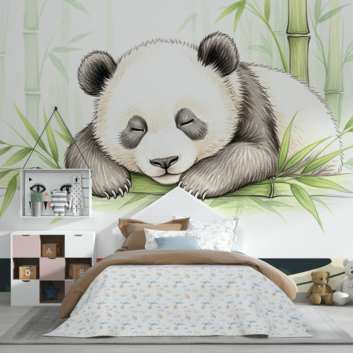 Kinderkamer behang | Slapende baby panda tussen de bamboe