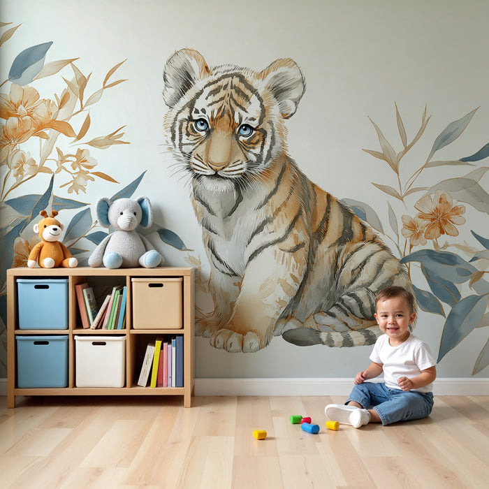 Papel de parede criança | Bebê tigre e flores exóticas