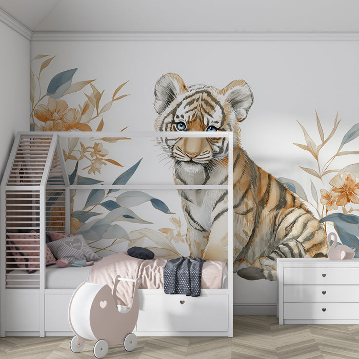 Papel de parede criança | Bebê tigre e flores exóticas