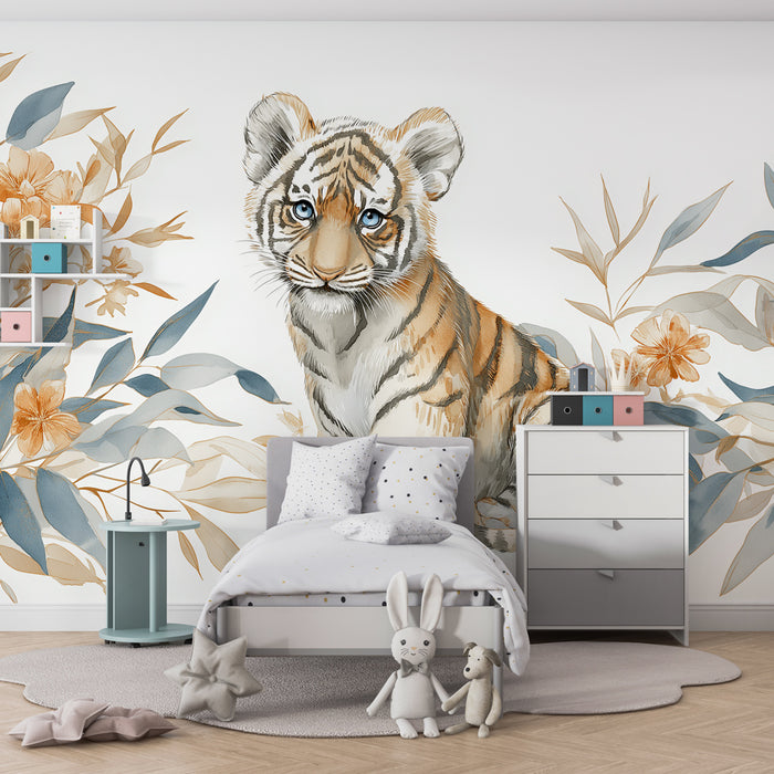 Papel de parede criança | Bebê tigre e flores exóticas