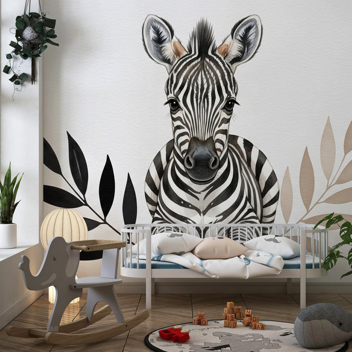 Tapeta dětského pokoje | Dětské zebra uprostřed listů