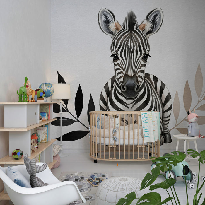 Tapeta dětského pokoje | Dětské zebra uprostřed listů