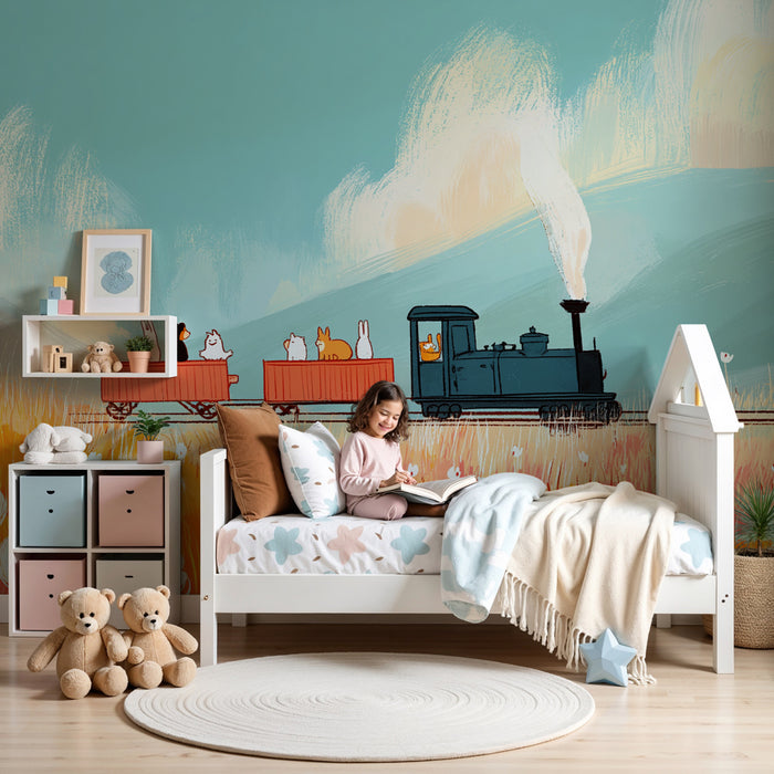 Papier peint chambre enfant | Belle aventure en train avec des animaux