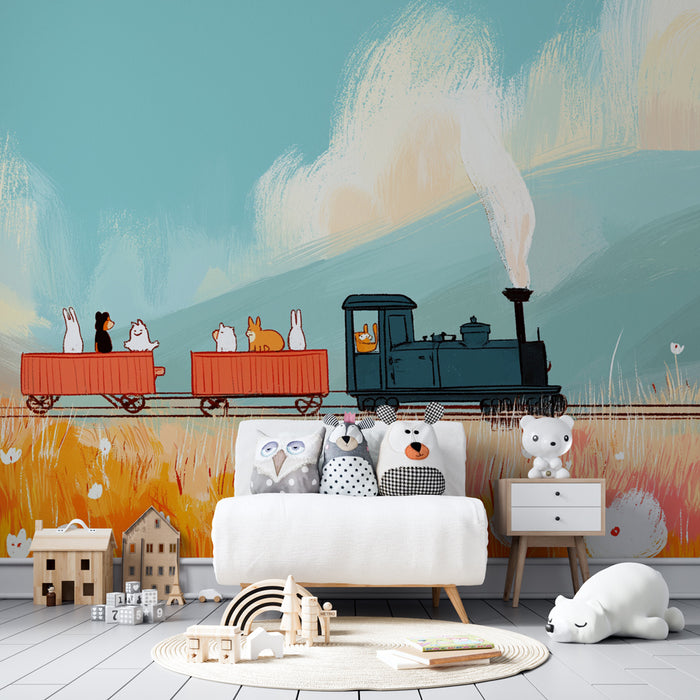Papier peint chambre enfant | Belle aventure en train avec des animaux