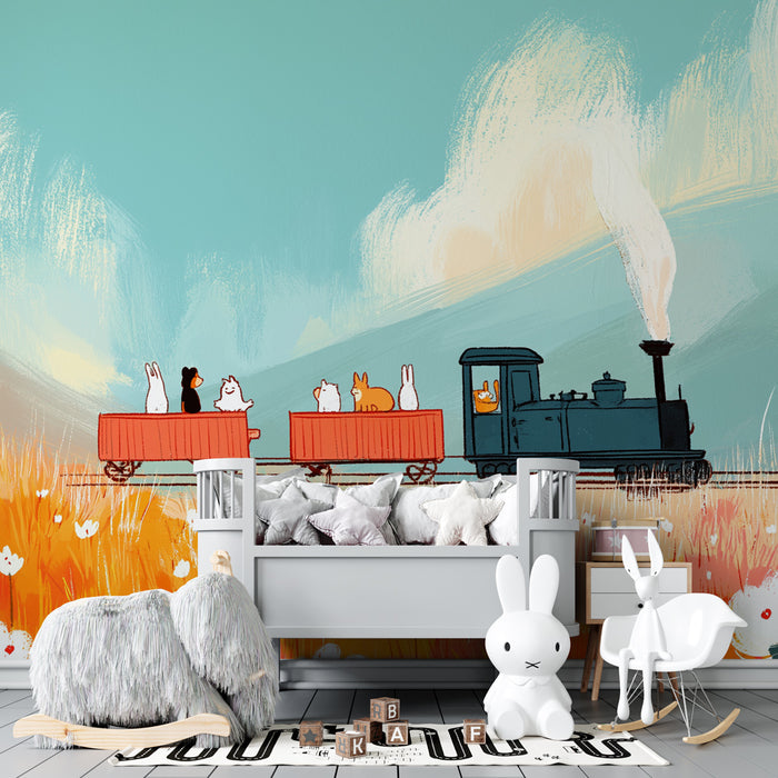 Papier peint chambre enfant | Belle aventure en train avec des animaux