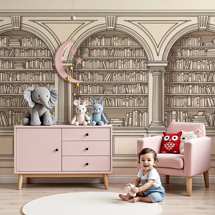 Kinderzimmer Tapete | Klassische Bücherregalwand mit vollen Regalen