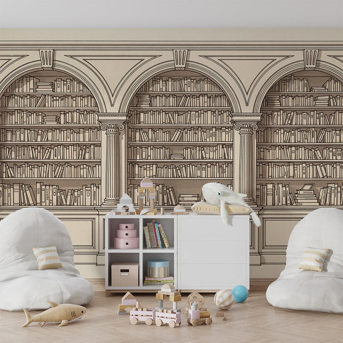 Kinderzimmer Tapete | Klassische Bücherregalwand mit vollen Regalen