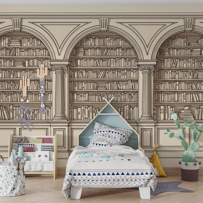 Kinderzimmer Tapete | Klassische Bücherregalwand mit vollen Regalen