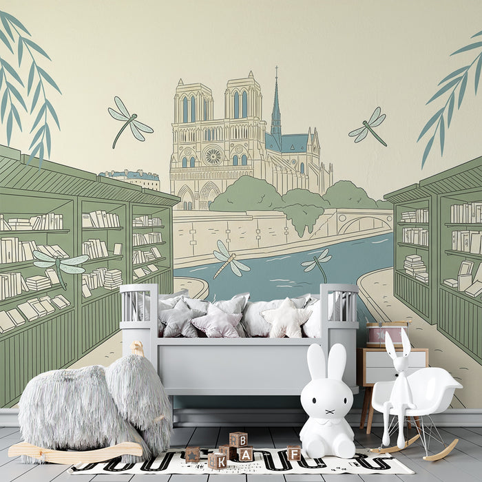 **Tapet pentru camera copilului | Bibliotecă liniștită pe malul Senei, cu Catedrala Notre-Dame**